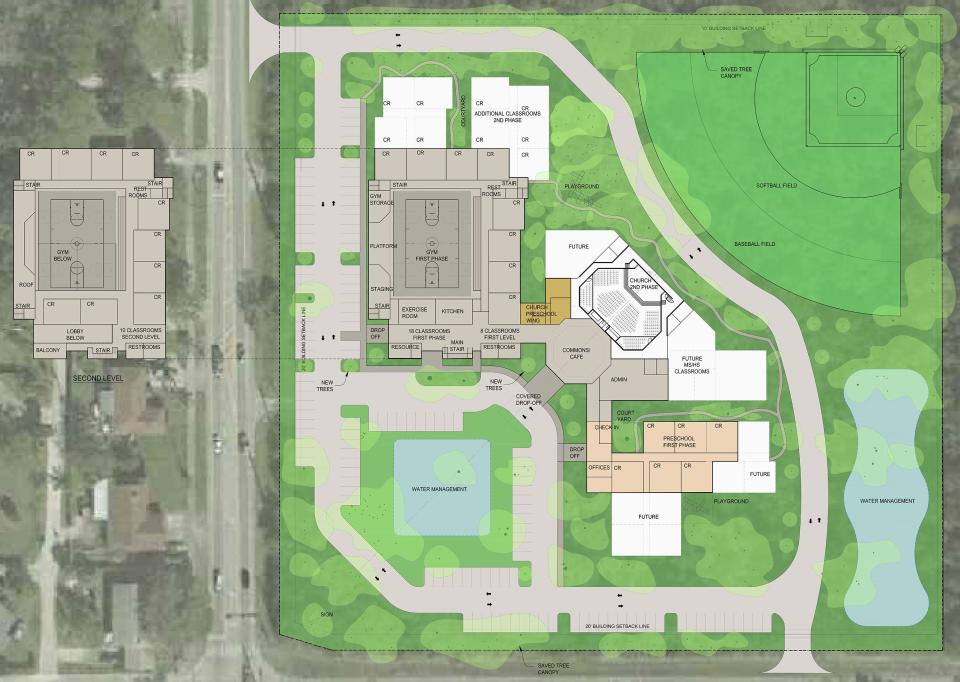 This site plan, designed by Rardin & Carroll Architects in 2018, is for Glendale Christian School, which plans to build a new campus accommodating a maximum of 400 students at Fourth Street and 27th Avenue, south of Vero Beach.