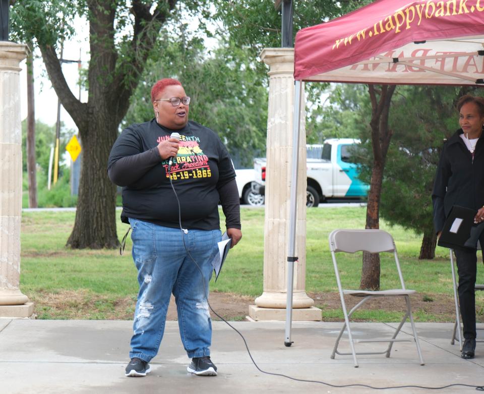 Melodie Graves president of the North Heights Advisory Association speaks about the legacy of Bones Hooks Wednesday at a marker ceremony at Bones Hooks Park in Amarillo..