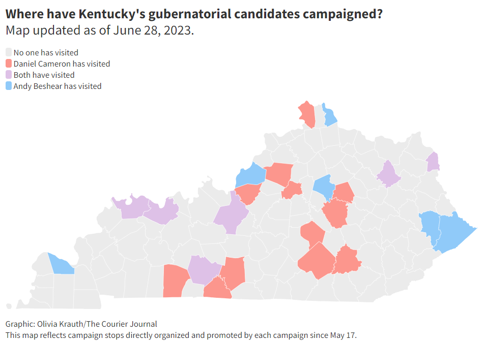 Here's where Attorney General Daniel Cameron and Gov. Andy Beshear have held campaign stops in the 2023 governor's race as of June 28, 2023.