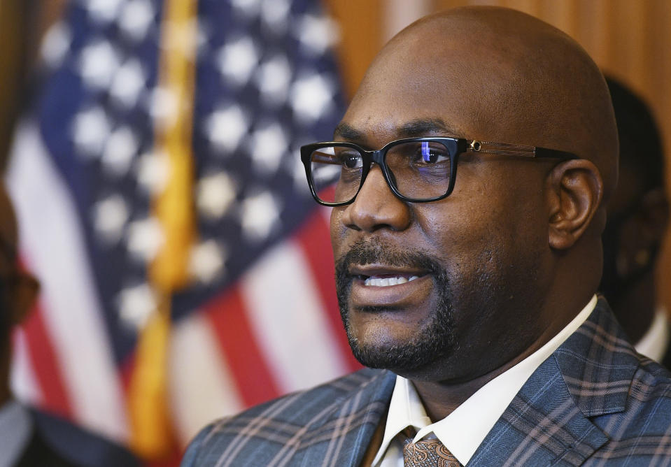 Philonise Floyd, the brother of George Floyd, speaks as he and other members of the Floyd family meet with members of congress in the Rayburn Room of the U.S. Capitol in Washington, Tuesday, May 25, 2021.(Mandel Ngan/Pool via AP)