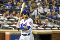 New York Mets' Javier Baez reacts after striking out in the fourth inning of the baseball game against the Cincinnati Reds, Saturday, July 31, 2021, in New York. (AP Photo/Mary Altaffer)