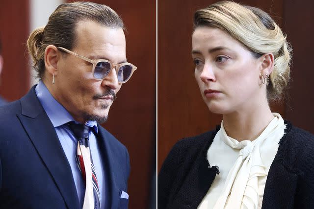 Jim LO SCALZO/POOL/AFP/Getty (2) Johnny Depp leaves for a recess at the Fairfax County Circuit Courthouse in Fairfax, Virginia, on May 5, 2022. - Actor Johnny Depp is suing ex-wife Amber Heard for libel after she wrote an op-ed piece in The Washington Post in 2018 referring to herself as a public figure representing domestic abuse. (Photo by Jim LO SCALZO / POOL / AFP) (Photo by JIM LO SCALZO/POOL/AFP via Getty Images); Amber Heard (L) testifies as US actor Johnny Depp looks on during a defamation trial at the Fairfax County Circuit Courthouse in Fairfax, Virginia, on May 5, 2022. - Actor Johnny Depp is suing ex-wife Amber Heard for libel after she wrote an op-ed piece in The Washington Post in 2018 referring to herself as a public figure representing domestic abuse.