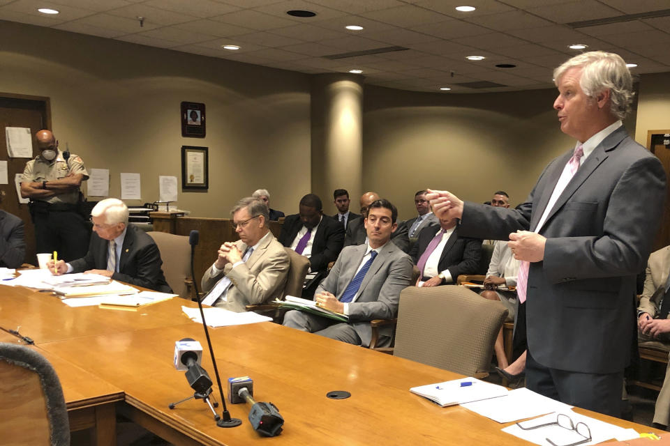 Attorney Paul McAdoo, right, discusses with a judge the rights of media organizations to receive video and documents tied to the investigation of five officers charged in the death of Tyre Nichols on Friday, May 19, 2023, in Memphis, Tenn. (AP Photo/Adrian Sainz)