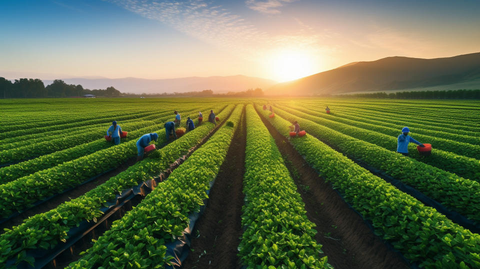 A wide angle view of a larger agricultural field with a group of farmers examining crops.