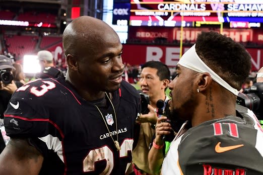 Oct 15, 2017; Glendale, AZ, USA; Arizona Cardinals running back Adrian Peterson (23) and Tampa Bay Buccaneers wide receiver DeSean Jackson (11) talk after the game at University of Phoenix Stadium. Mandatory Credit: Matt Kartozian-USA TODAY Sports