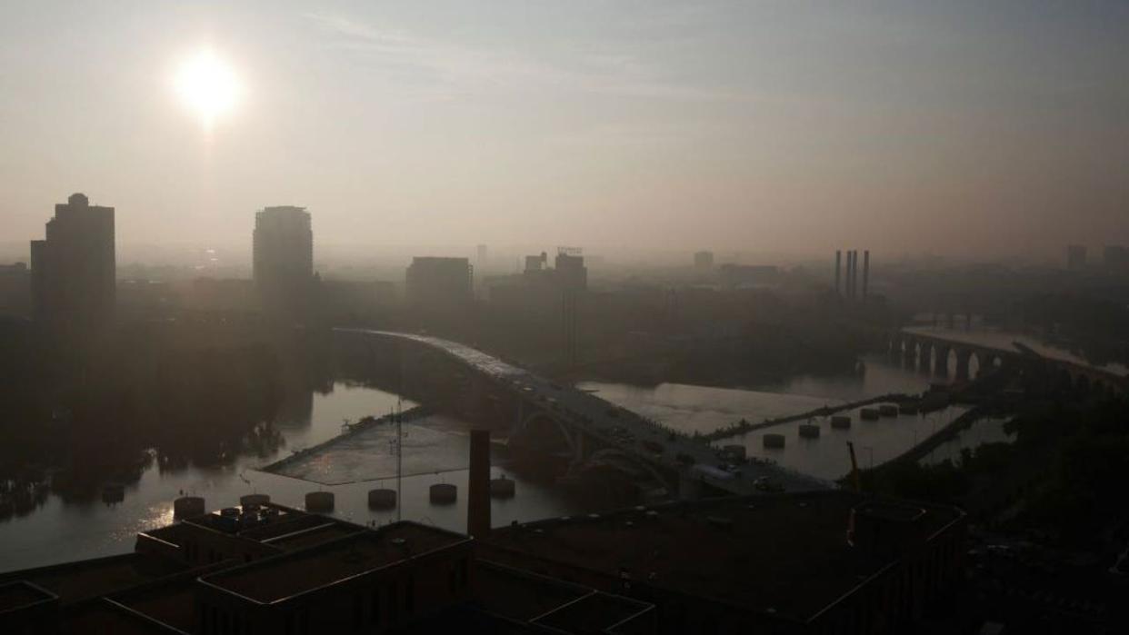 <div>MINNEAPOLIS, MN. - JUNE 2023: Due to the continued affects of the Canadian wildfires, it was another hazy morning in the Twin Cities on Thursday, June 29, 2023. This is looking down the Mississippi River, from Minneapolis towards St. Paul. Canada wildfire smoke affecting Minnesota air quality. (Photo by Deb Pastner/Star Tribune via Getty Images)</div>