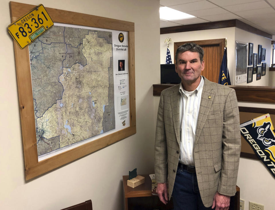 FILE - Oregon Sen. Dennis Linthicum, R-Klamath Falls, poses in his office inside the state Capitol in Salem, Ore., Feb. 8, 2019. Republican state Sens. Linthicum and Brian Boquist are seeking statewide office after being barred from reelection for staging a record-long walkout in 2023 to stall bills on abortion, transgender health care and gun rights. Linthicum is running for secretary of state, Oregon Public Broadcasting reported. (AP Photo/Andrew Selsky, File)