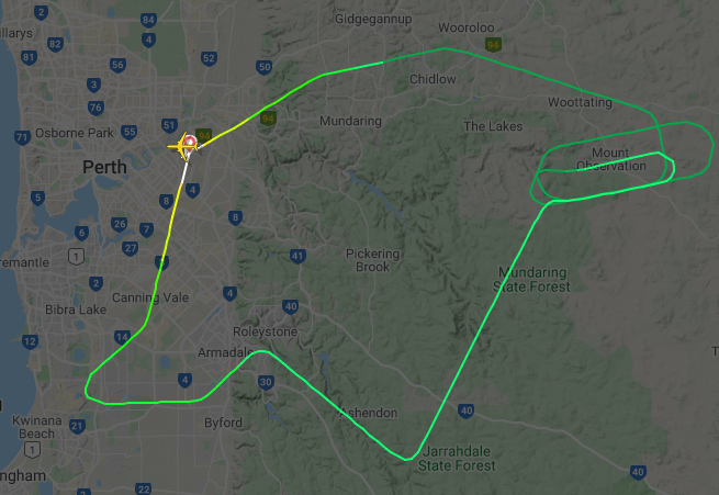 The plane's flight radar shows it circled in the air before returning to Perth. Source: Flightradar