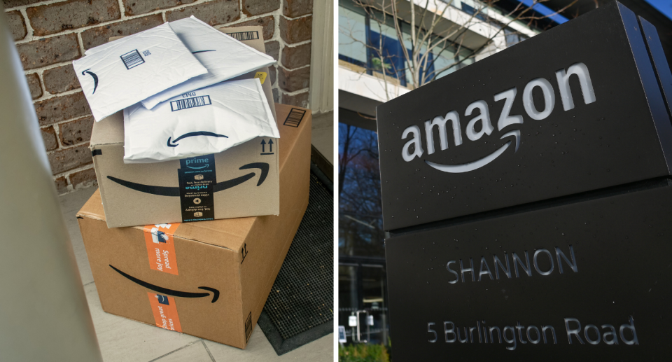 A composite image of Amazon packages waiting at someone's door and the Amazon logo.