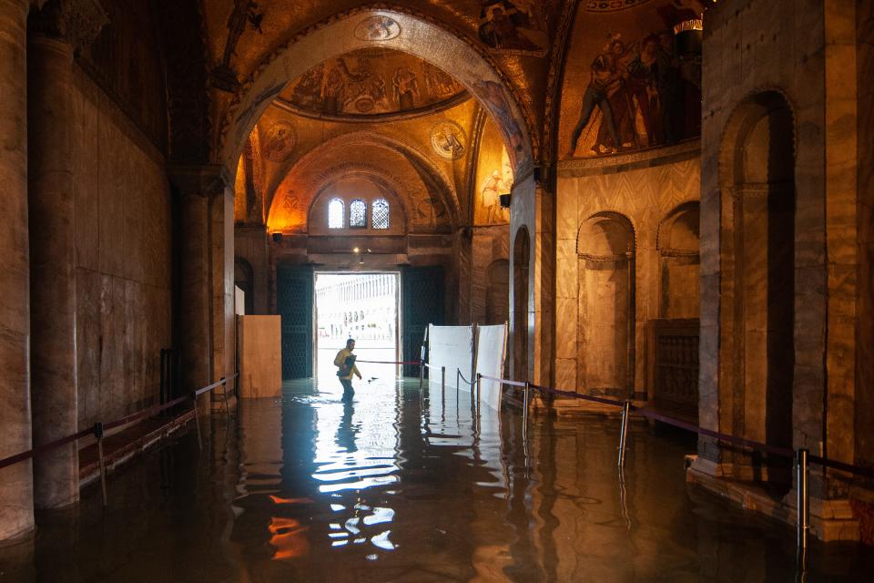 A view inside the flooded Basilica of St. Mark during an exceptional high tide on November 13, 2019 in Venice, Italy.