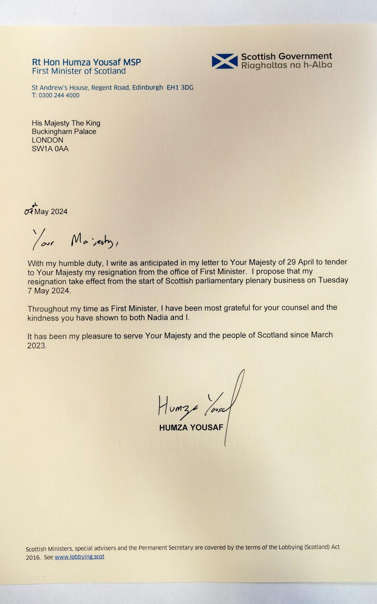 Humza Yousaf's letter of resignation to the King