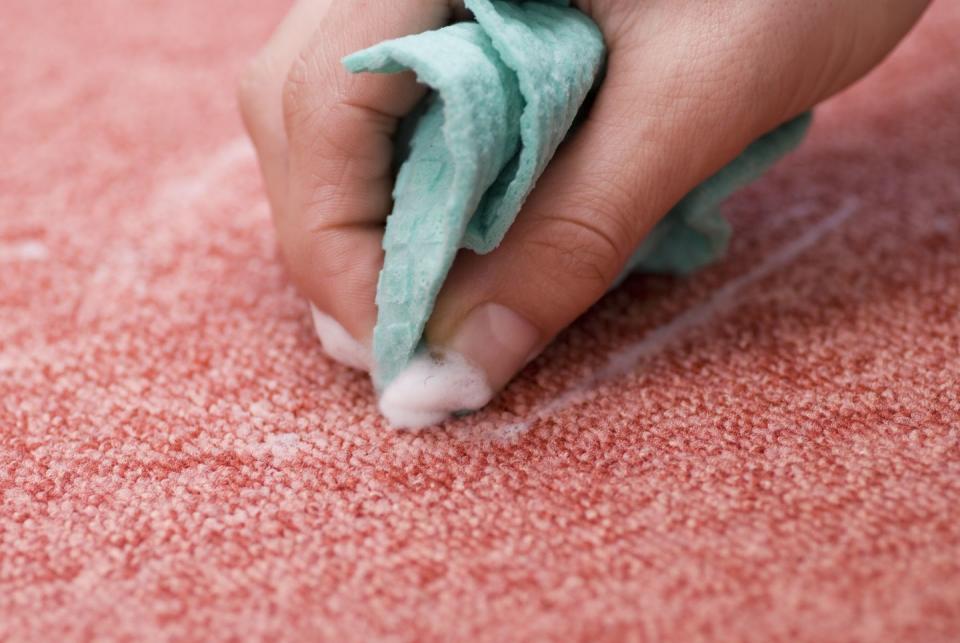 a closeup of a hand using a blue soapy cloth to clean pink carpet