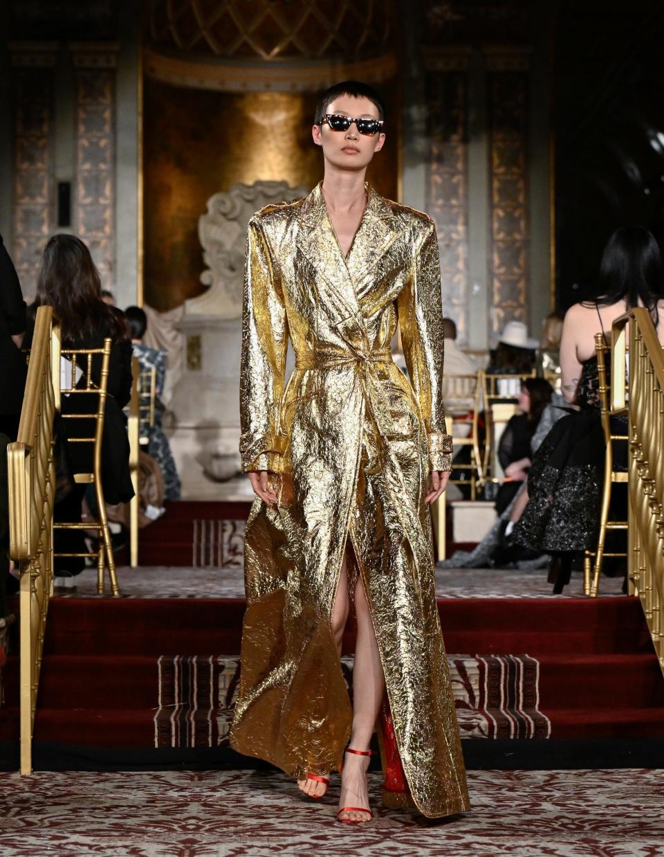 A model walks the runway during the Christian Siriano fall/winter 2024 fashion show at The Plaza Hotel during New York Fashion Week on Thursday, Feb. 8, 2024, in New York.