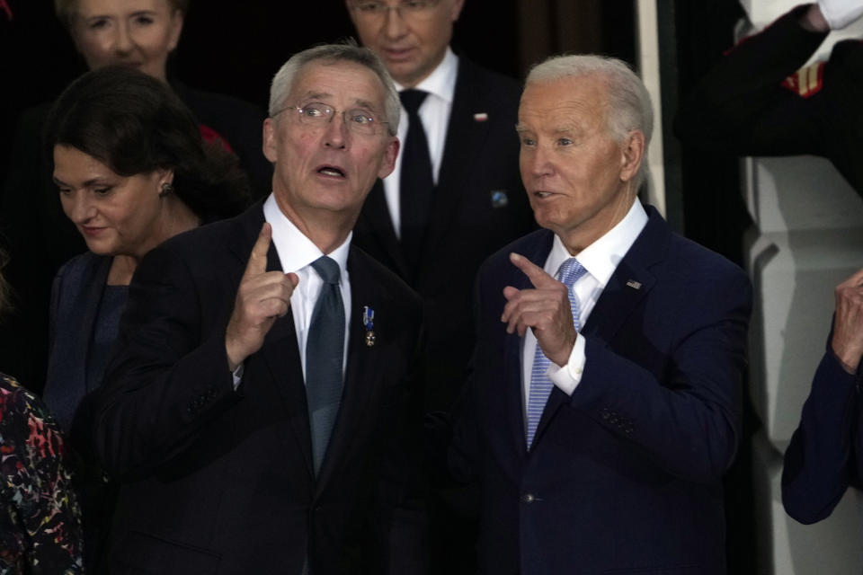 President Joe Biden and NATO Secretary General Jens Stoltenberg watcha fly-over as they welcome NATO allies and partners to the White House in Washington, Wednesday, July 10, 2024, on the South Lawn for the 75th anniversary of the NATO Summit. (AP Photo/Susan Walsh)