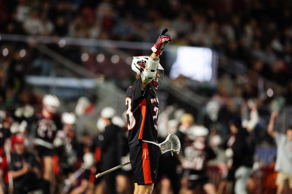 Park City’s Chase Beyer (23) celebrates after a goal during the 5A boys lacrosse championships at Zions Bank Stadium in Herriman on May 26, 2023. | Ryan Sun, Deseret News