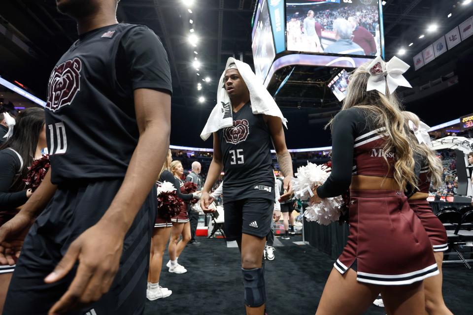Missouri State's N.J. Benson (35) leaves the court after losing a Missouri Valley Conference Tournament game against Southern Illinois, Friday, March 3, 2023, at Enterprise Center in St. Louis. 