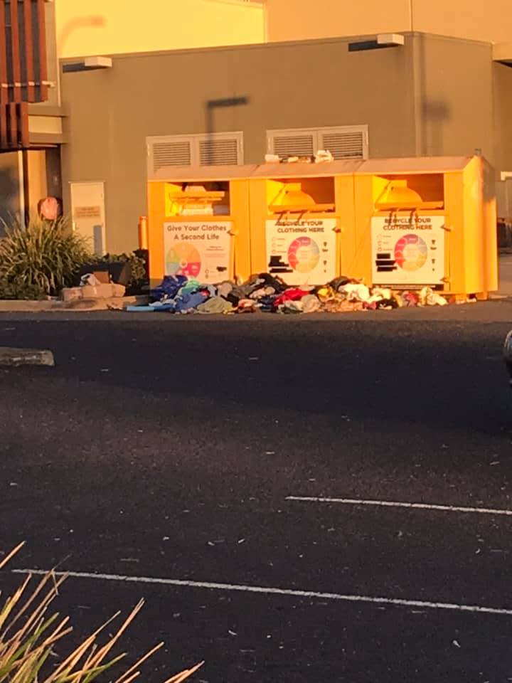 This was the scene at clothing donation bins in Redcliffe on Monday. Source: Facebook