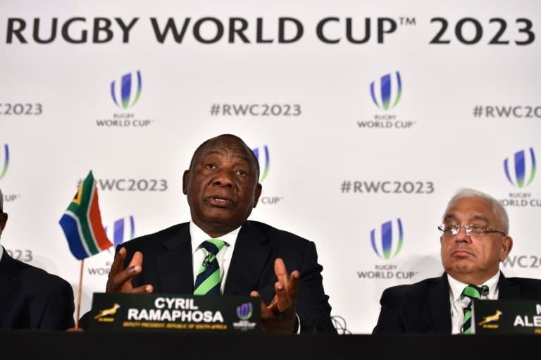 South Africa's deputy President Cyril Ramaphosa takes part in a press conference after South Africa presented their bid to host the 2023 Rugby World Cup in London on September 25, 2017