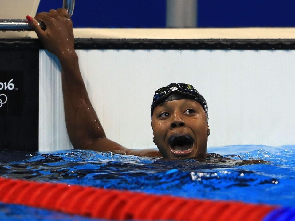 Simone Manuel reacts to winning the 100-meter freestyle at the Rio Olympics