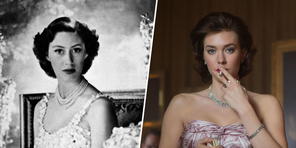 (Left) Princess Margaret, Countess of Snowdon, in 1951. (Right) Vanessa Kirby as Princess Margaret in 