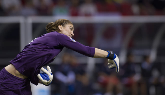 VANCOUVER, CANADA - JANUARY 27: Goalie Hope Solo #1 of the United States watches the ball after throwing it back in play during the second half of semifinals action against Costa Rica of the 2012 CONCACAF Women's Olympic Qualifying Tournament at BC Place on January 27, 2012 in Vancouver, British Columbia, Canada. (Photo by Rich Lam/Getty Images)