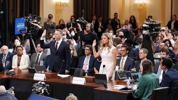 PHOTO: Former National Security Council member Matthew Pottinger and former Deputy White House Press Secretary Sarah Matthews are sworn in during a hearing by the House Select Committee in Washington, D.C., on July 21, 2022. (Doug Mills, POOL via AFP via Getty Images)