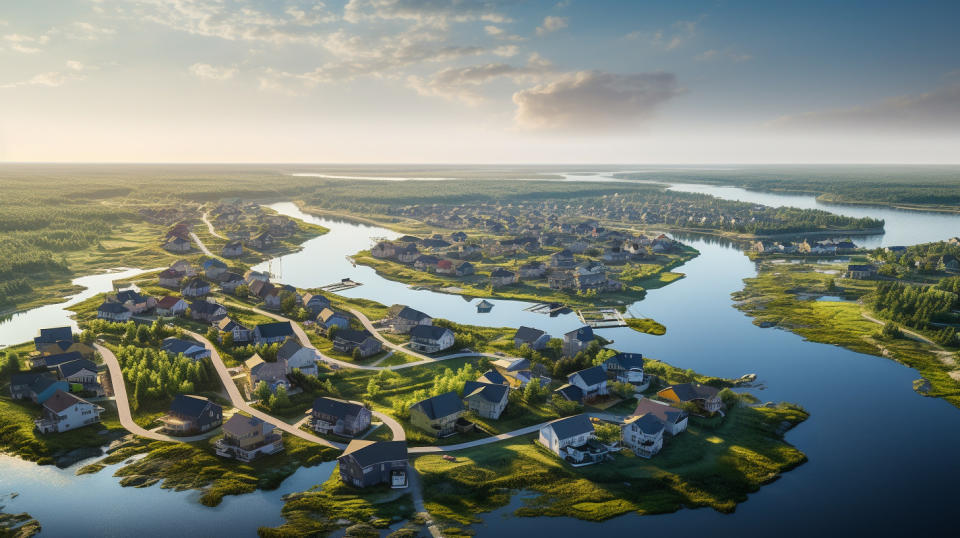 Aerial view of a busy water resource management facility, with a river running through it, dotted with homes.