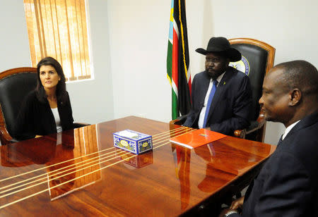 U.S. Ambassador to the United Nations Nikki Haley meets South Sudan's President Salva Kiir and First Vice President Taban Deng Gai in Juba, South Sudan October 25, 2017. REUTERS/Jok Solomun