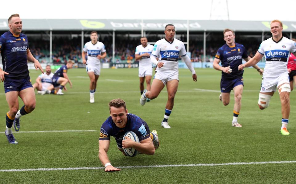 Worcester have had little to cheer these past few years - last year, they finished 11th in the Premiership thanks to tries like this one from James Shillcock again Bath - GETTY IMAGES