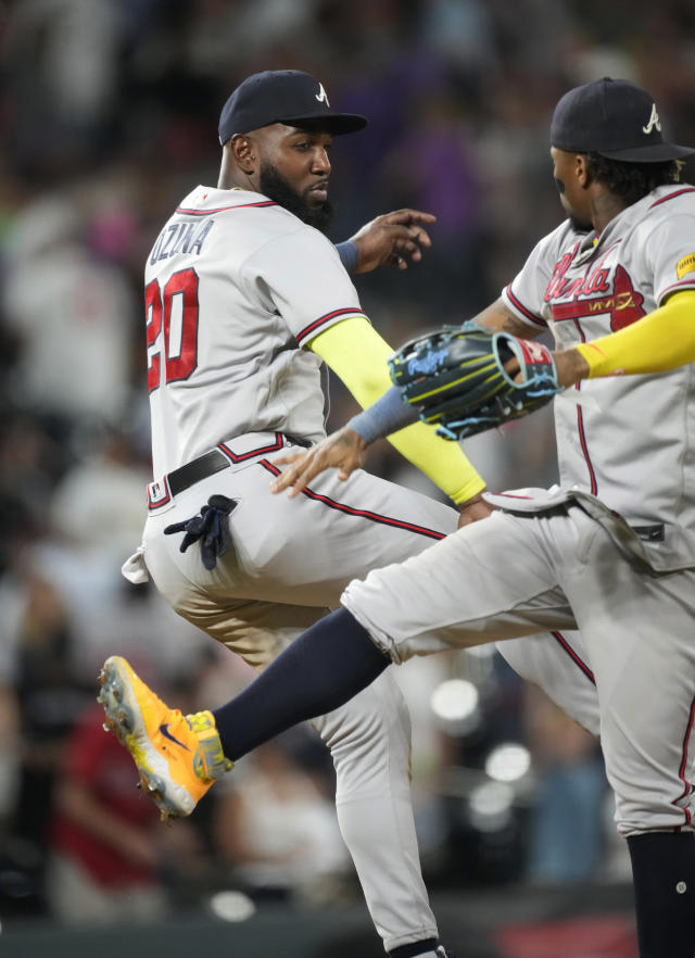 Atlanta Braves' Marcell Ozuna heads to first base after being walked by  Colorado Rockies relief pitcher Gavin Hollowell during the seventh inning  of a baseball game Tuesday, Aug. 29, 2023, in Denver. (