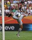 United States goalkeeper Hope Solo catches a ball during the quarterfinal match between Brazil and the United States at the Women's Soccer World Cup in Dresden, Germany, Sunday, July 10, 2011. (AP Photo/Petr David Josek)