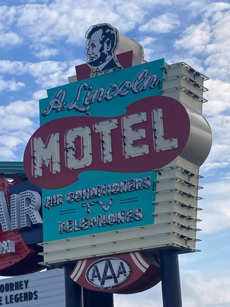 The A. Lincoln Motel sign at the Route 66 Experience at the Illinois State Fairgrounds. The sign will be featured on the Illinois float in the 135th Rose Parade in Pasadena, California, on New Year's Day.