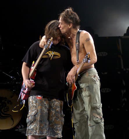 <p>KMazur/WireImage</p> Wolfgang Van Halen and Eddie Van Halen