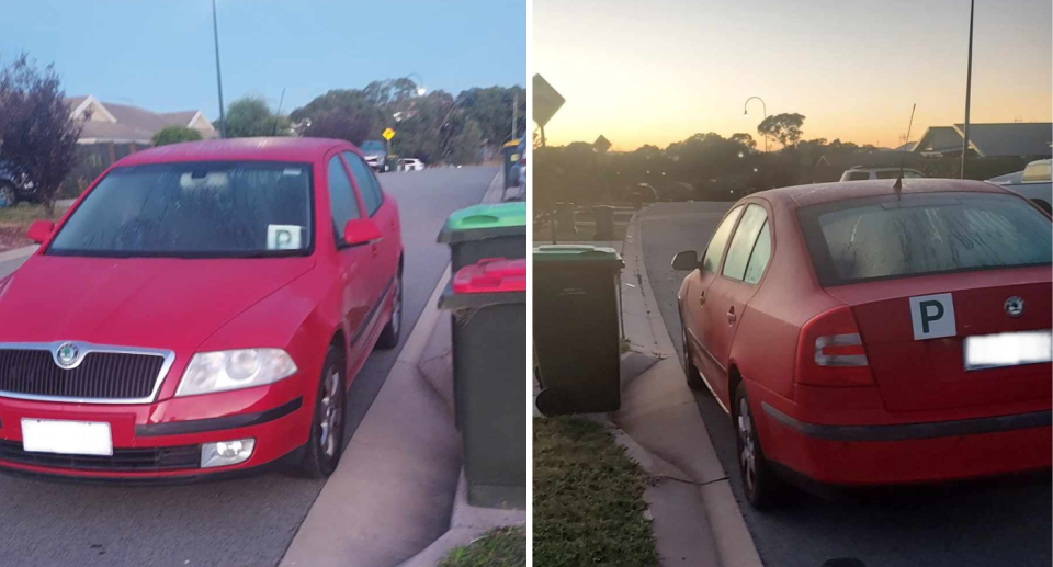 The Canberra man's bins out on the curb, ready for collection day, with a red car parked in front.