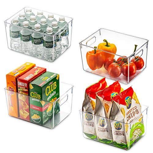 13) Set Of 4 Clear Pantry Organizer Bins Household Plastic Food Storage Basket with Cutout Handles for Kitchen, Countertops, Cabinets, Refrigerator, Freezer, Bedrooms, Bathrooms - 11" Wide