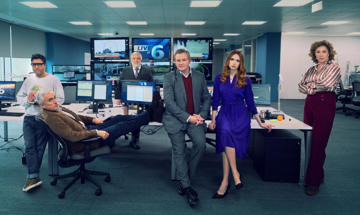 <span>‘Hardcore thematic overload’: Nick Mohammed, Ben Miles, Simon Russell Beale, Hugh Bonneville, Karen Gillan and Alex Kingston in Douglas Is Cancelled.</span><span>Photograph: ITV</span>