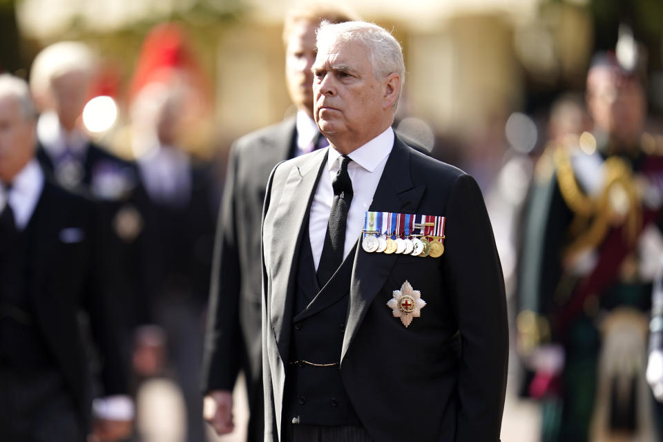 The Duke of York walks behind the coffin of Queen Elizabeth II, draped in the Royal Standard with the Imperial State Crown placed on top, as it is carried on a horse-drawn gun carriage of the King's Troop Royal Horse Artillery, during the ceremonial procession from Buckingham Palace to Westminster Hall, London, where it will lie in state ahead of her funeral on Monday. Picture date: Wednesday September 14, 2022.