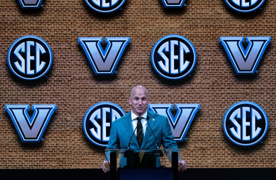 Vanderbilt Head Coach Clark Lea speaks at the 2023 SEC Football Kickoff Media Days at the Nashville Grand Hyatt on Broadway, Tuesday, July 18, 2023.