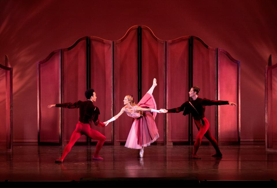 From left, Ricardo Rhodes, Danielle Brown and Daniel Pratt in a scene from The Sarasota Ballet production of Frederick Ashton’s “Valses nobles et sentimentales”