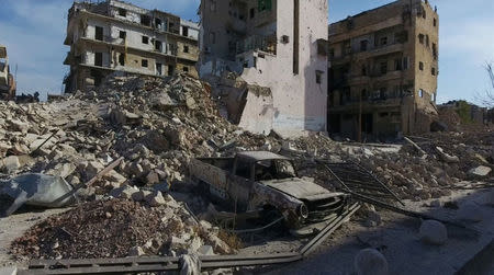 A still image from video taken October 12, 2016 of a general view of the bomb-damaged Old City area of Aleppo, Syria. REUTERS/via Reuters TV