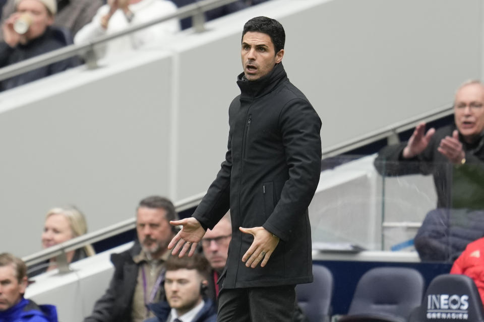 Arsenal's manager Mikel Arteta gestures during the English Premier League soccer match between Tottenham Hotspur and Arsenal at the Tottenham Hotspur Stadium in London, England, Sunday, April 28, 2024. (AP Photo/Kin Cheung)