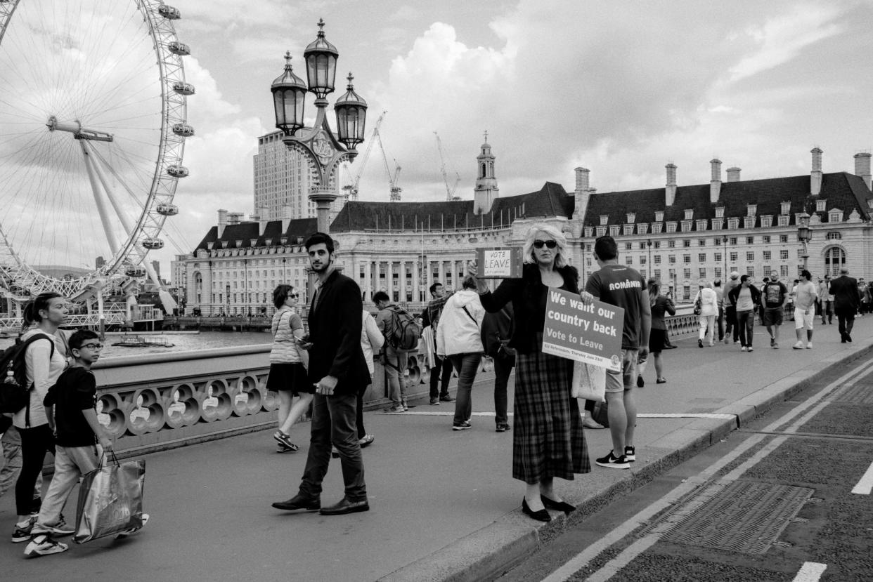 <span>Leave campaigner, Westminster Bridge, London, 15 June 2016.</span><span>Photograph: Dafydd Jones</span>