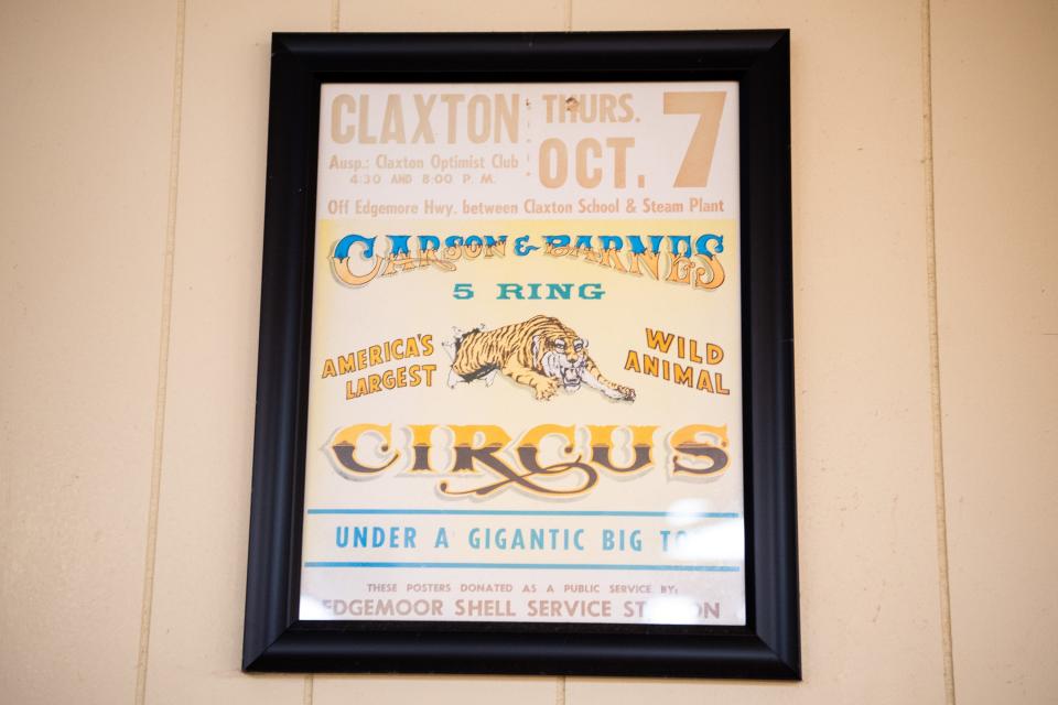 A poster advertising a circus hangs inside the Claxton Community Center.