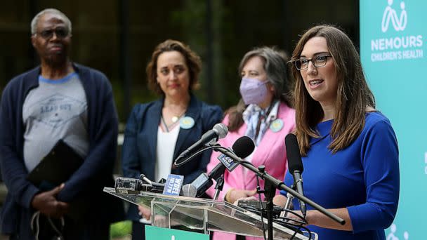 PHOTO: In this May 8, 2023, file photo, State Sen. Sarah McBride, right, speaks at a press conference. (Damian Giletto/Delaware News Journal via USA Today Network, FILE)