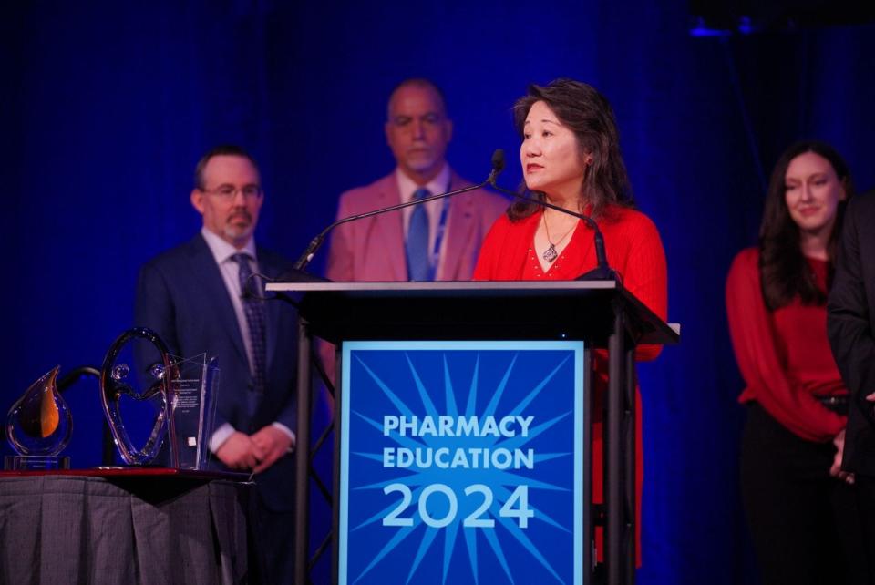 The Texas Tech University Health Sciences Center Jerry H. Hodge School of Pharmacy Dean Grace M. Kuo, Pharm.D., Ph.D., accepts the 2024 Lawrence C. Weaver Transformative Community Service Award from the American Association of Colleges of Pharmacy July 21.