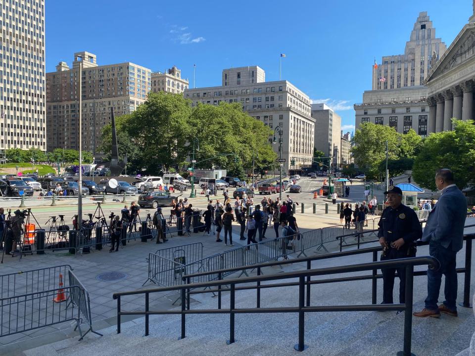 View from outside the Manhattan Federal Court ahead of Ghislaine Maxwell’s sentencing on 28 June 2022 (Bevan Hurley for The Independent)