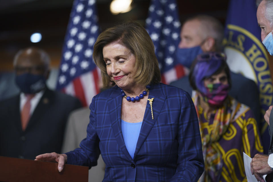 Speaker of the House Nancy Pelosi, D-Calif., and Democratic leaders discuss their legislative agenda, including voting rights, public health, and infrastructure, during a news conference at the Capitol in Washington, Friday, July 30, 2021. Hours before a nationwide eviction moratorium is set to expire, Pelosi is urging an extension in a longshot effort to prevent millions of Americans of being forced from their homes during a COVID-19 surge. (AP Photo/J. Scott Applewhite)