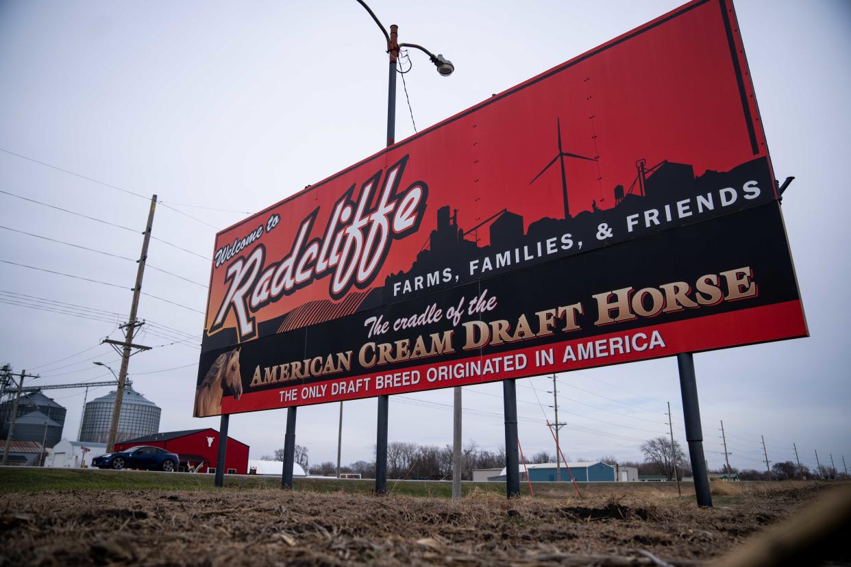 A billboard welcoming travelers to Radcliffe proclaims it the birthplace of the American Cream Draft Horse breed.