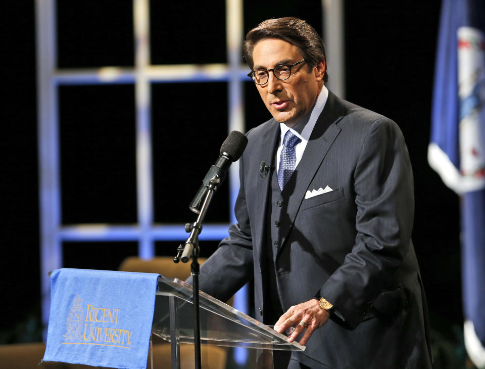 FILE - In this Oct. 23, 2015, file photo, Jay Sekulow, Chief Counsel of the American Center for Law and Justice, introduces Republican presidential candidate former Florida Gov. Jeb Bush during a Presidential candidate forum with Rev. Pat Robertson at Regent University in Virginia Beach, Va. In his testimony to Congress on Feb. 27, 2019, Michael Cohen said that Sekulow, who was serving as one of President Trump's lawyers, reviewed his false congressional testimony and made changes pertaining to what he was going to say, "about the timing of the Moscow Tower negotiations." (AP Photo/Steve Helber, File)