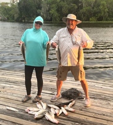 Don McCormick says Kim and Teddy Spencer used to come from Macclenny to fish for largemouth with him. But once he turned them on to sunshine bass, they're hooked on the hybrids.